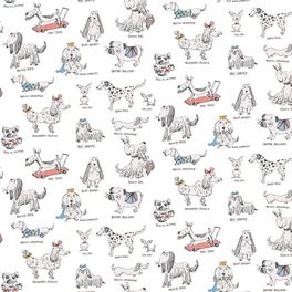 Флизелиновые обои в детскую "Dandy" арт.D6 001 с рисунками собак и шуточными надписями на белом фоне из коллекции Bon Voyage, фабрика Loymina